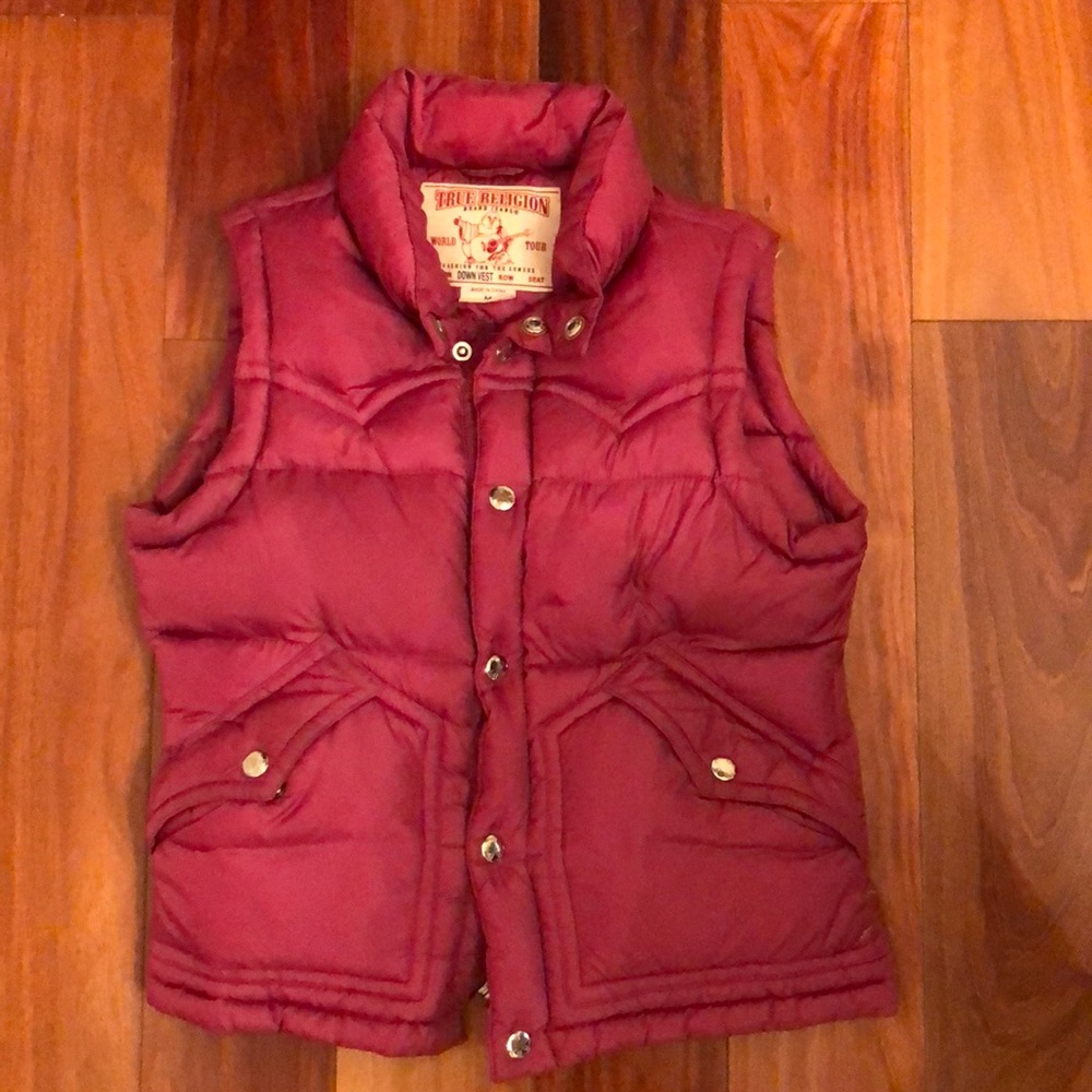 True Religion Down Vest - Raspberry in color.